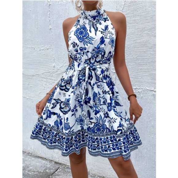 Blue And White Boho Womens Floral Print Belted Halter Dress - Picture 1 of 6